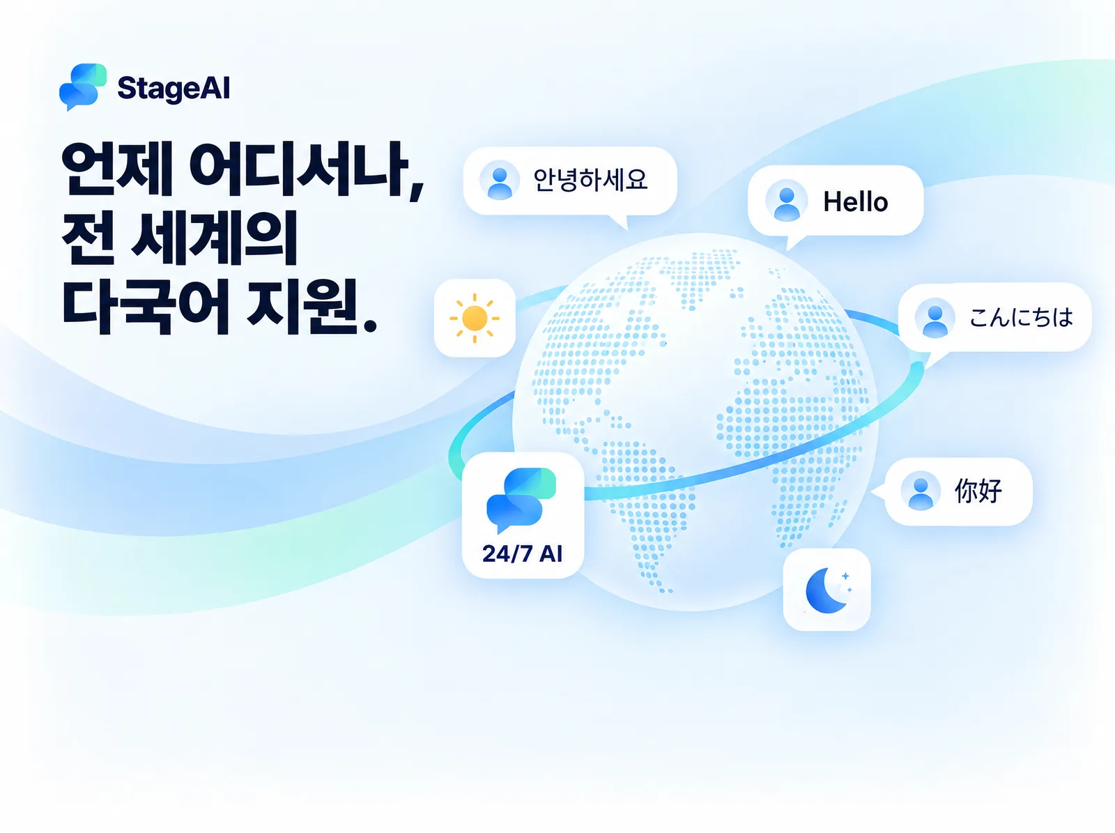 Any time zone, any language. — StageAI concept illustration